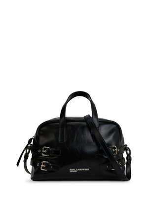 Černá kožená kabelka Karl Lagerfeld Jeans s dvojitými horními uchy, nastavitelného ramenního popruhu, stříbrnými sponami a logem v přední části.