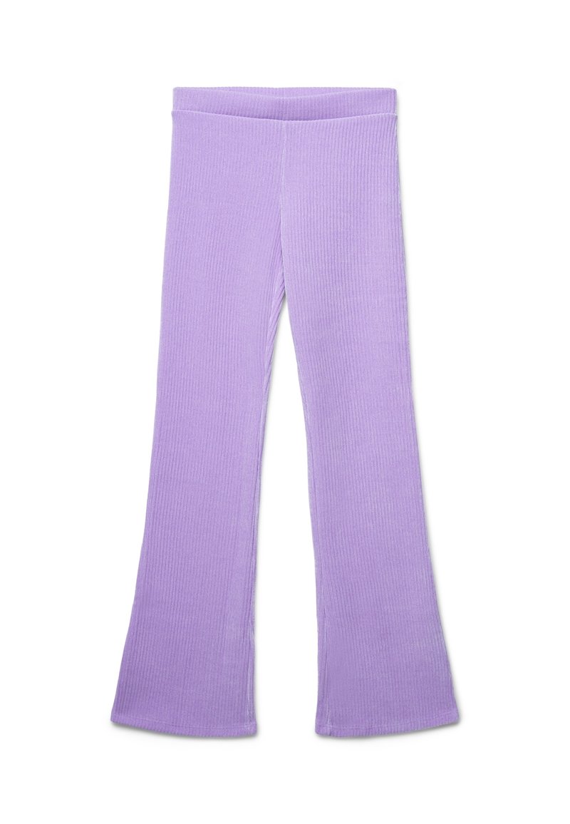 Leggings a campana in tessuto ribbed di color lilla chiaro, con una cintura larga e una texture liscia, progettati per comfort e facilità di movimento.