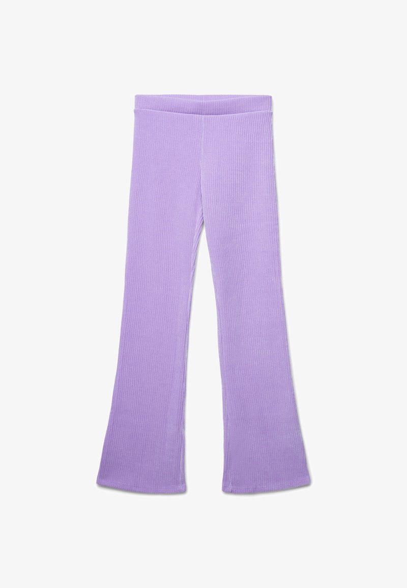 Leggings a campana in tessuto ribbed di color lilla chiaro, con una cintura larga e una texture liscia, progettati per comfort e facilità di movimento.