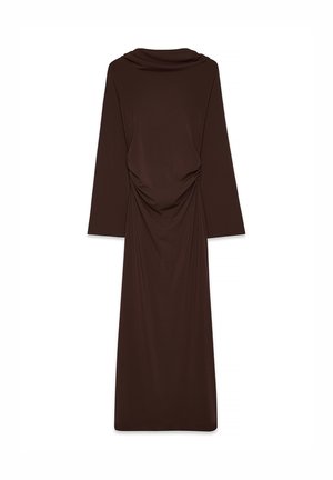 Long, brown dress with draped neckline, long sleeves, and gathered detailing at the waist. Made of smooth, soft fabric.