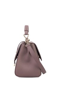 Mauve textured leather handbag with gold hardware, structured shape, top handle, and detachable shoulder strap, shown from the side.