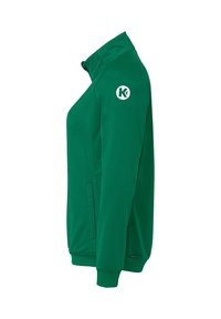 Grøn zip-up jakke med høj krave, sidelommer og et logo på venstre skulder. Lavet af et glat, strækbart materiale.