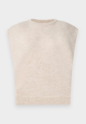 Beige strikket genser med korte dolman-ermer, rund halslinje og ribbestrikket søm. Myk tekstur, lett og minimalistisk design.
