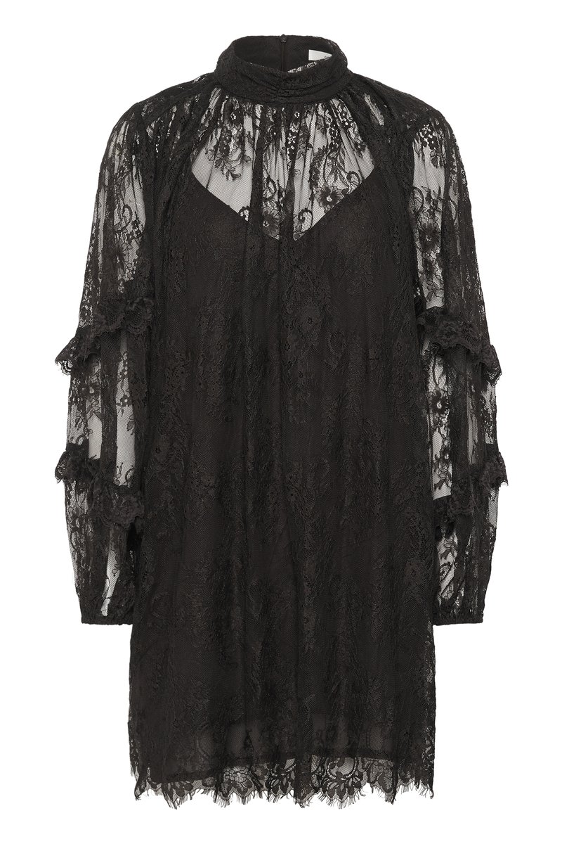Black lace dress with sheer long sleeves, gathered ruching at shoulders, high neckline, and scalloped hem. Floral lace detailing throughout.