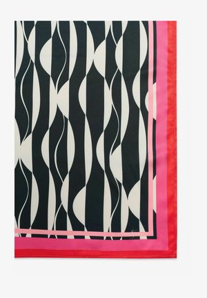 Sall, millel on must-valge laineline muster, ääristatud roosa ja punase varjunditega. Valmistatud siledast kangast, millel on satiinviimistlus.