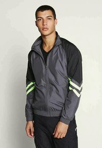 Szürke cipzáras dzseki fekete ujjakkal. Zöld és fehér csíkok találhatók az ujjakon. Könnyű anyagból készült, bordázott szegéllyel.