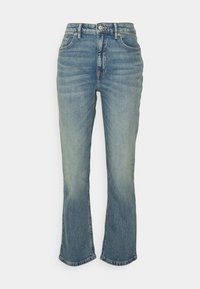 Blå denimjeans med rak benpassform, hög midja, knappstängning och subtil blekning vid fickor och fållar.