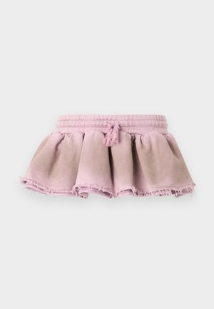 Gonna di cotone rosa con design arricciato, caratterizzata da un orlo sfilacciato e una vita elastica con una nappina decorativa.