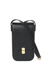Borsa a tracolla in pelle nera con forma rettangolare, chiusura in oro e tracolla regolabile. Presenta un branding discreto sul davanti.
