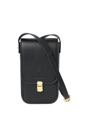 Black leather crossbody bag with a rectangular shape, gold hardware clasp, and adjustable strap. Features subtle branding on the front.