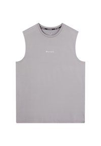Maglietta da allenamento senza maniche grigia del marchio Champion con scollatura tonda e piccolo logo bianco centrato sul petto.