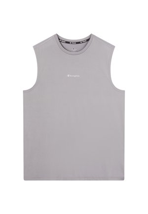 Sleeveless gray Champion brand workout shirt with round neckline and small white logo centered on chest.