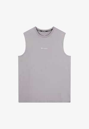 Sleeveless gray Champion brand workout shirt with round neckline and small white logo centered on chest.