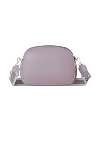Purple rectangular crossbody bag with a smooth, glossy finish, silver zipper, and adjustable strap in complementary gray tones.