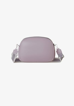 Purple rectangular crossbody bag with a smooth, glossy finish, silver zipper, and adjustable strap in complementary gray tones.