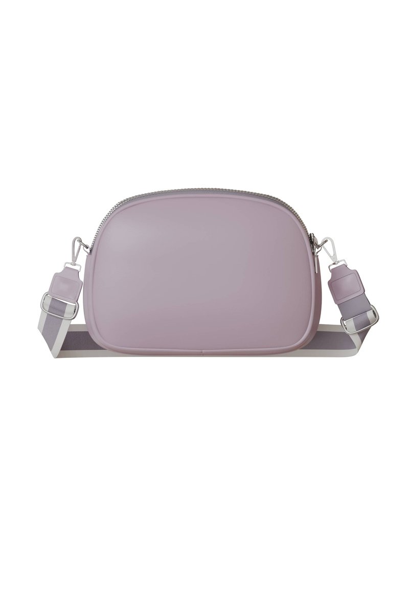 Purple rectangular crossbody bag with a smooth, glossy finish, silver zipper, and adjustable strap in complementary gray tones.