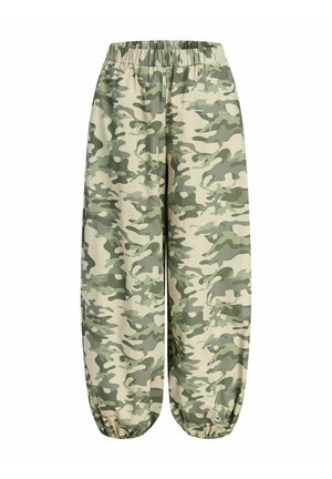Losse broek met elastische taille en boorden, met een groen-beige camouflagepatroon.