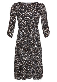 Schwarzes knielanges Kleid mit braunen und weißen unregelmäßigen Punkten, Dreiviertelärmel, einem Boots-Ausschnitt und einem dünnen, selbst zu bindenden Gürtel in der Taille.