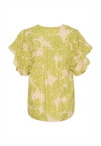 Blusa verde chiaro con un motivo di foglie tropicali, maniche corte a volant e vestibilità ampia. Tessuto testurizzato dall'aspetto morbido e leggero.