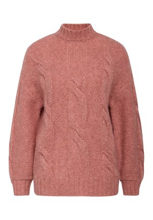 Suéter de punto trenzado en rosa coral con cuello alto y mangas de corte holgado. Presenta patrones texturizados a lo largo del cuerpo y puños acanalados.