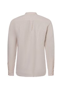Lichtbeige lange mouwen shirt met een textuurstof, een achteropening en knoopmanchetten. Minimalistisch ontwerp met een zachte, gladde afwerking.