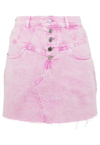 Roze denim minirok met een hoge taille, vijf knopen vooraan, rafelrand en twee zakken aan de voorkant. Gestructureerd uiterlijk en lichte wassing.