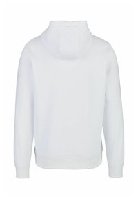 White hooded sweatshirt with a smooth texture, ribbed cuffs and hem, and a simple, unadorned design. No visible logos or patterns.