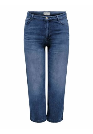 Vaqueros recortados de talle alto, azul oscuro, con estilo de cinco bolsillos y cierre de botón sobre un fondo blanco.