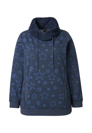Marineblauwe sweatshirt met een fuzzy kraag, voorzien van een sterrenpatroon in lichterblauw, met trekkoorddetails en kangaroozakken aan de voorkant.