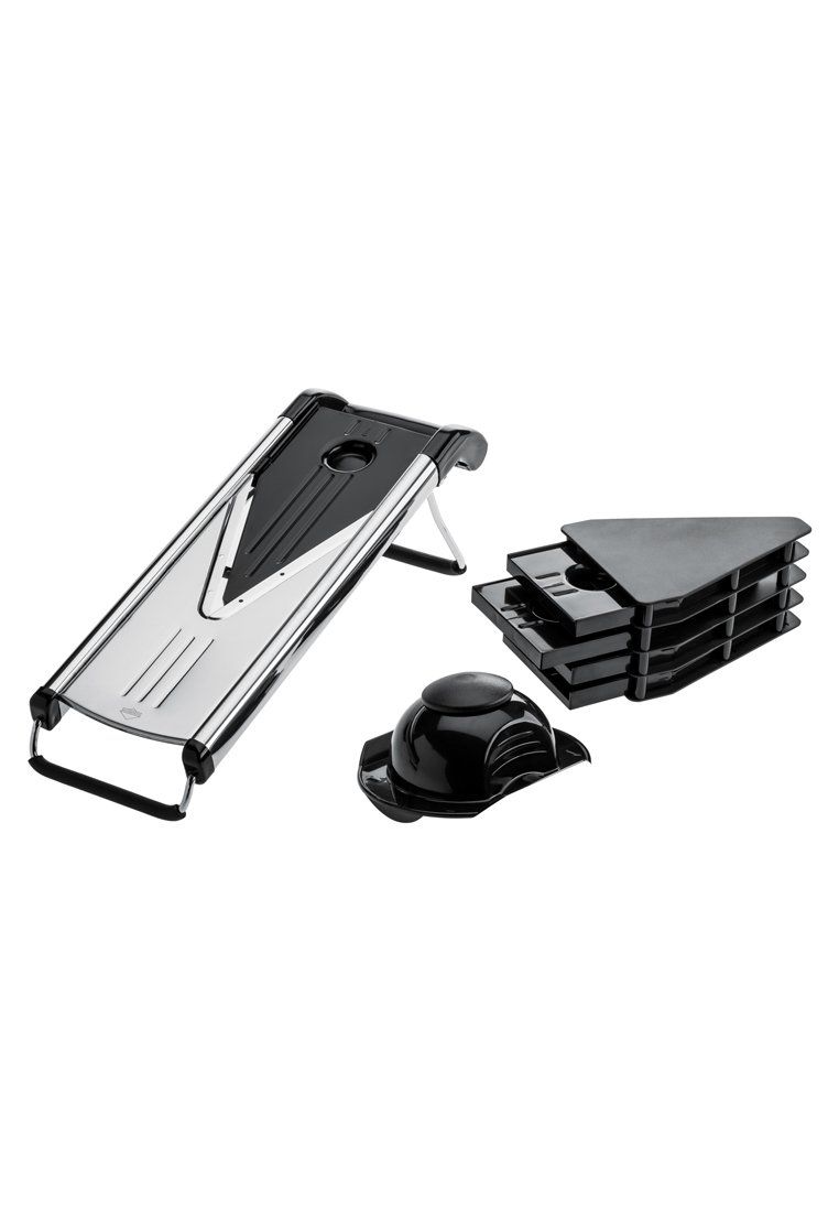 Edelstahl-Mandolinen-Schneider mit Komponenten aus schwarzem Kunststoff, einstellbarer Dicke und umfasst einen schützenden Handgriff sowie vier austauschbare Klingen.