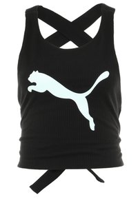 Débardeur noir côtelé avec bretelles croisées et logo Puma bleu clair centré sur le devant. Présente une coupe ajustée et un lien à nouer à l'arrière.