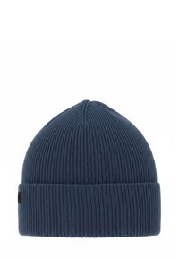 Navy blue knitted beanie hat with ribbed texture and a folded cuff. Features a small black label on the side.