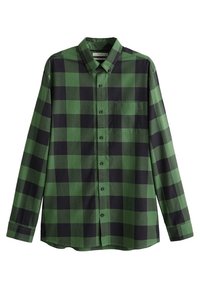 Camicia a maniche lunghe a quadri verdi e neri, con collo e tasca sul petto, mostrata su uno sfondo bianco.