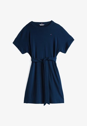 Navy blue cotton dress with short sleeves, relaxed fit, belted waist, and subtle logo detail on the chest. Smooth texture overall.