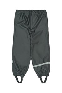 Pantalones impermeables grises con cintura elástica, franja reflectante a lo largo de la pierna y correas ajustables en los tobillos para un ajuste seguro.