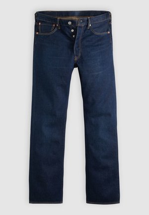 Donkere blauwe denim jeans met een rechte pijp, vijf zakken en gouden stiksels. Voorzien van een knoopsluiting en koperen klinknagels. Gladde textuur.