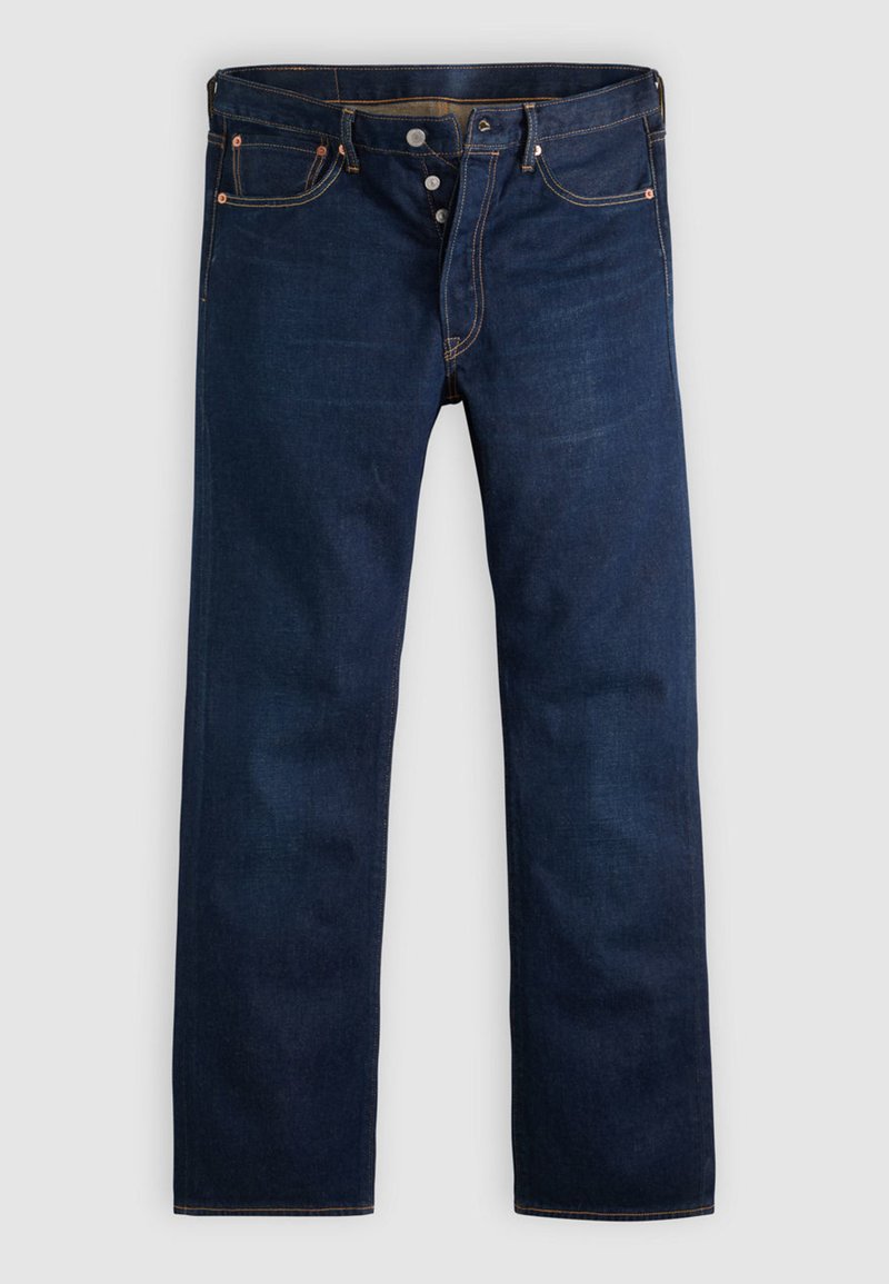 Dark blue denim jeans with a straight-leg cut, five pockets, and golden stitching. Features a button fly and copper rivets. Smooth texture.