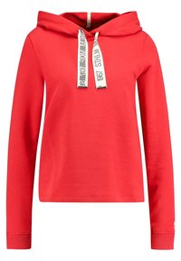 Sudadera roja con capucha, de mangas largas, con detalles de cordón en negro y blanco, y un ajuste regular. Fabricada con una tela suave y texturizada.