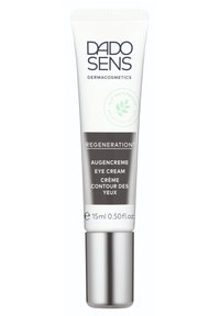 DADO SENS Augencreme Tube; weiße und silberne Verpackung, 15 ml, mit "Regeneration" Etikett, grünem Zertifizierungslogo und mehrsprachigem Text.