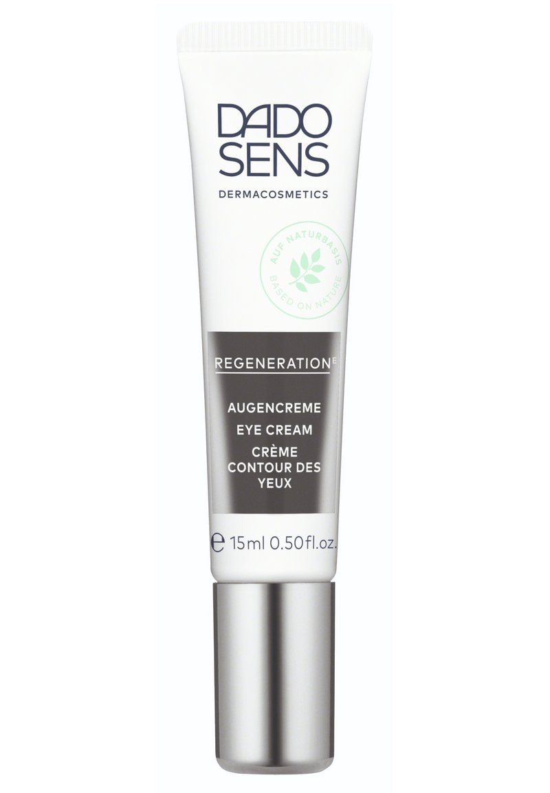DADO SENS Augencreme Tube; weiße und silberne Verpackung, 15 ml, mit "Regeneration" Etikett, grünem Zertifizierungslogo und mehrsprachigem Text.