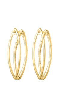 Goldene Creolen in ovaler Form mit glatter Oberfläche, kunstvollen Rillen entlang der Ränder und sicherer Verschlussmechanik.