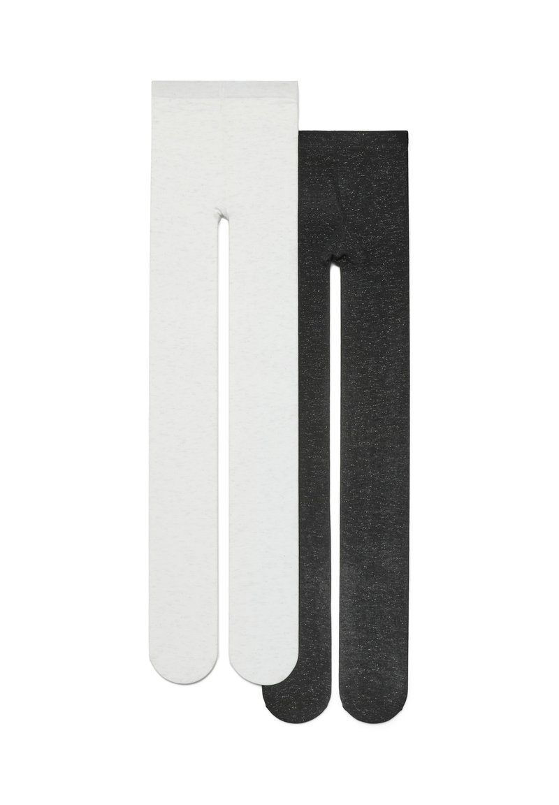 Czarno-białe legginsy wykonane z miękkiego, elastycznego materiału. Czarne legginsy mają lekko drobnoziarnistą strukturę, natomiast białe są gładkie. Oba modele charakteryzują się standardowym krojem.