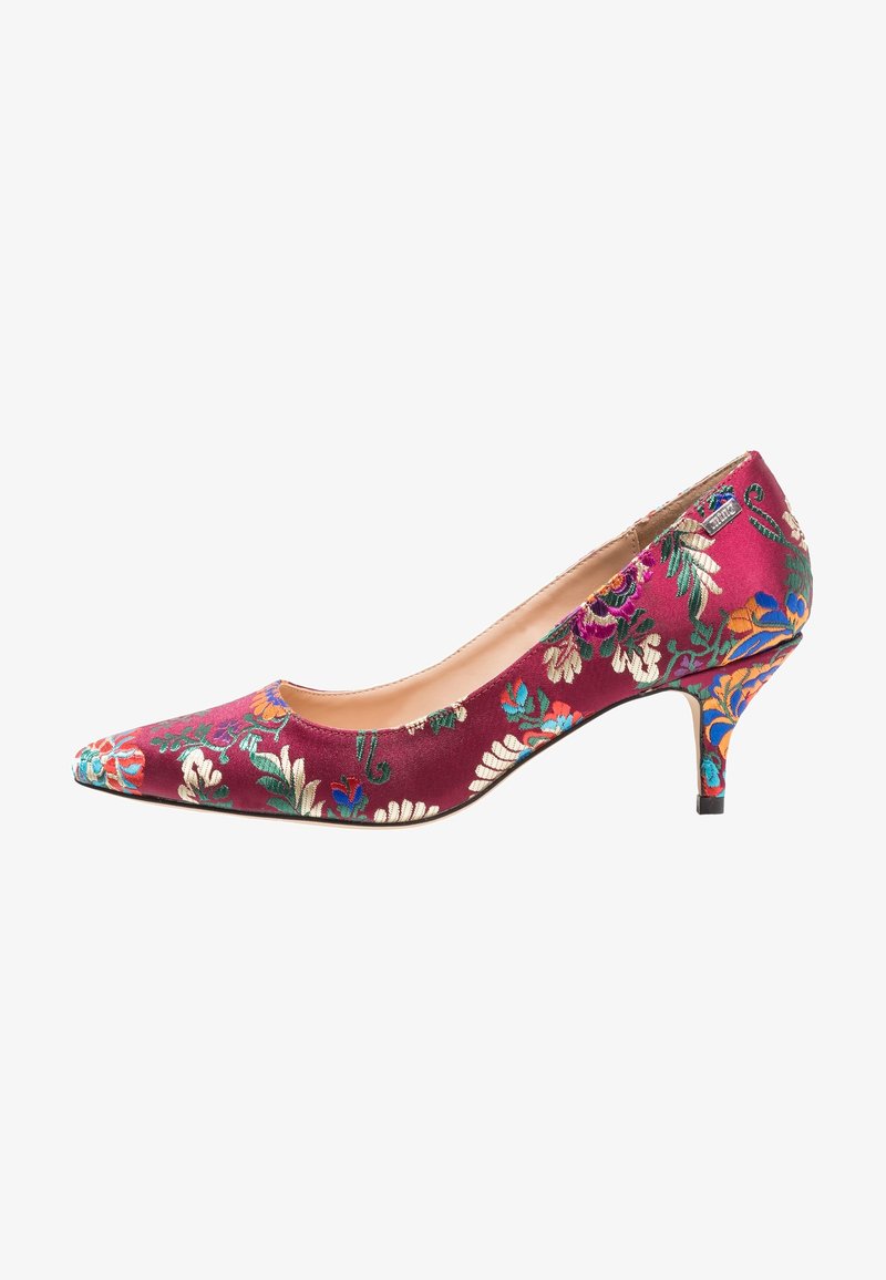 Burgundy high-heeled shoe with pointed toe, covered in multicolored floral embroidery, featuring a slim mid-height heel.