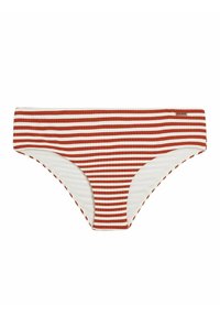 Rode en witte geribbelde bikini onderkant met horizontale strepen, een gematigde snit, brede tailleband en textuurstof.