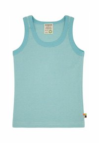 Top di colore azzurro chiaro con sottili righe bianche, realizzato in tessuto morbido. Presenta un collo rotondo e maniche a canotta, con un piccolo etichetta sul bordo.