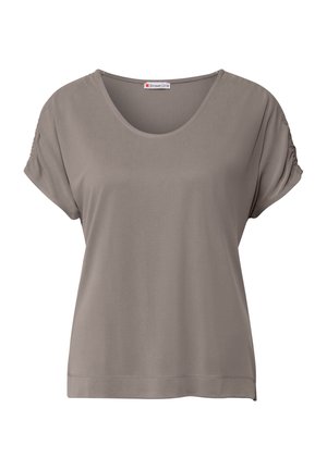 Grijs t-shirt met korte mouwen en een ronde halslijn, van zachte stof, met geplooide details op de mouwen en een relaxed fit.