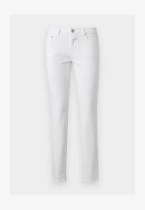 Witte skinny jeans met knopen en rits aan de voorkant, riemlussen en voor- en achterzakken, afgebeeld tegen een effen achtergrond.