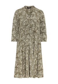 Vapaa-ajan, polveen ulottuva mekko, jossa on 3/4-hihat ja ruskea-beige pyörivä paisley-kuvio.