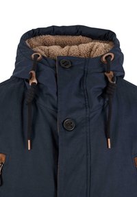 Navy jacket with a high collar, brown fleece lining, copper hardware accents, black drawstrings, and front button closure.