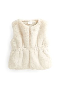 Gilet in pelliccia sintetica color crema con superficie testurizzata, dotato di scollatura rotonda, chiusura frontale a scatto e vita arricciata per un aspetto morbido e voluminoso.